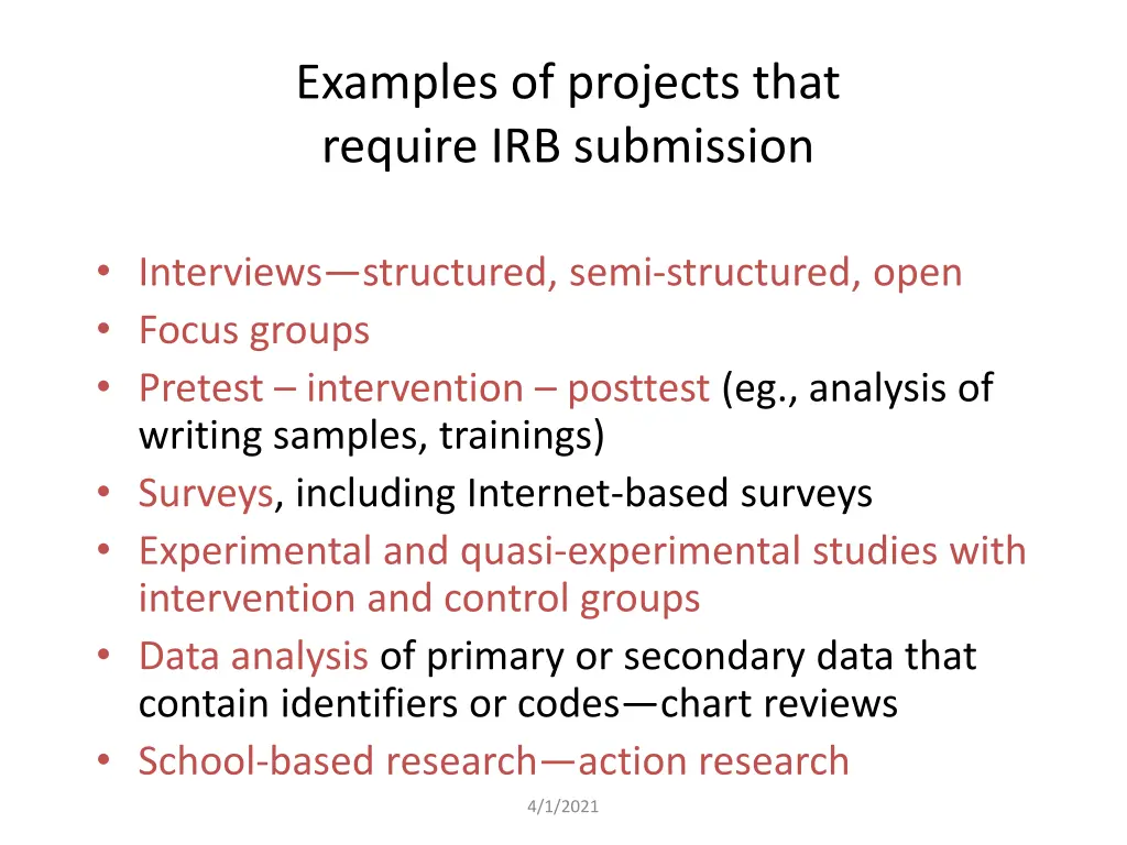 examples of projects that require irb submission