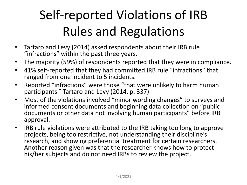 self reported violations of irb rules