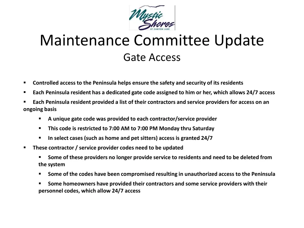 maintenance committee update gate access