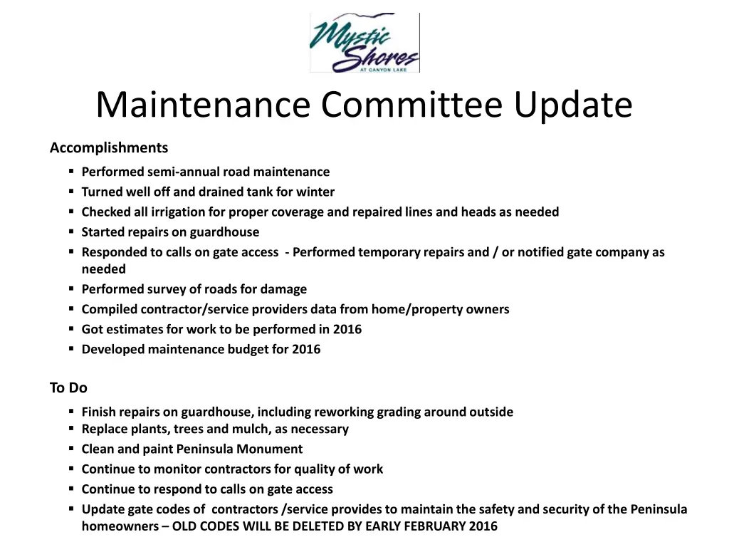 maintenance committee update