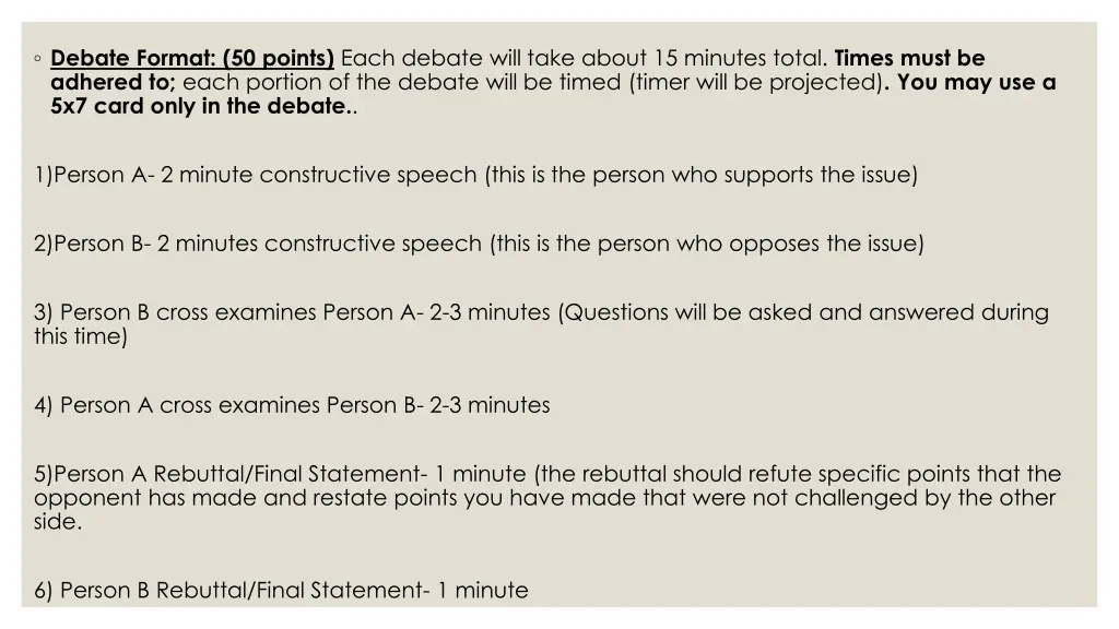 debate format 50 points each debate will take