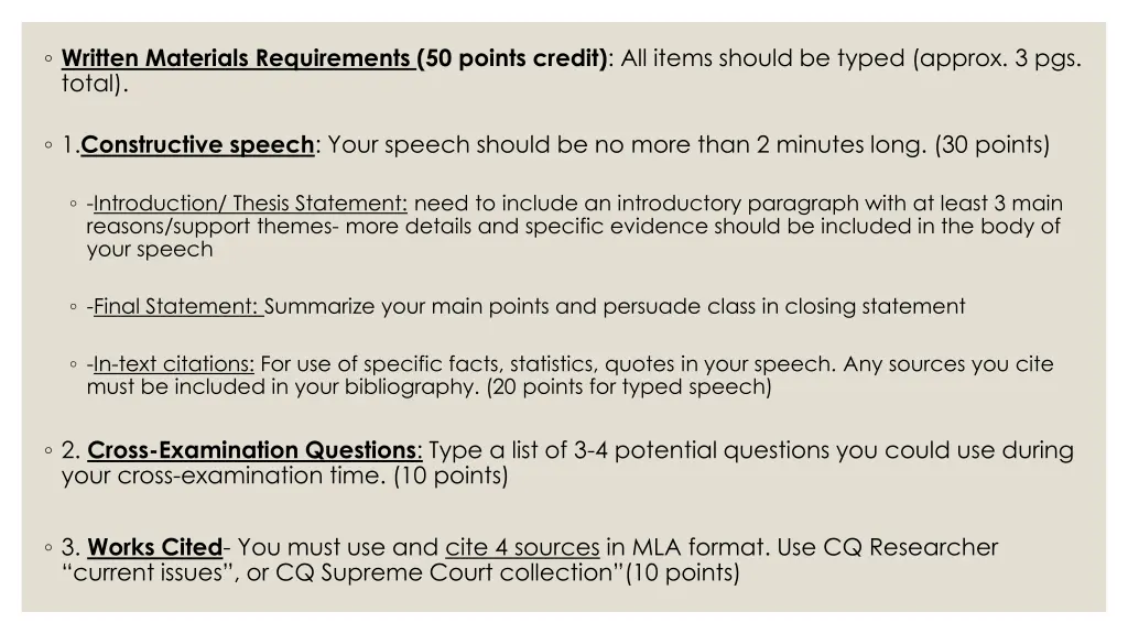 written materials requirements 50 points credit