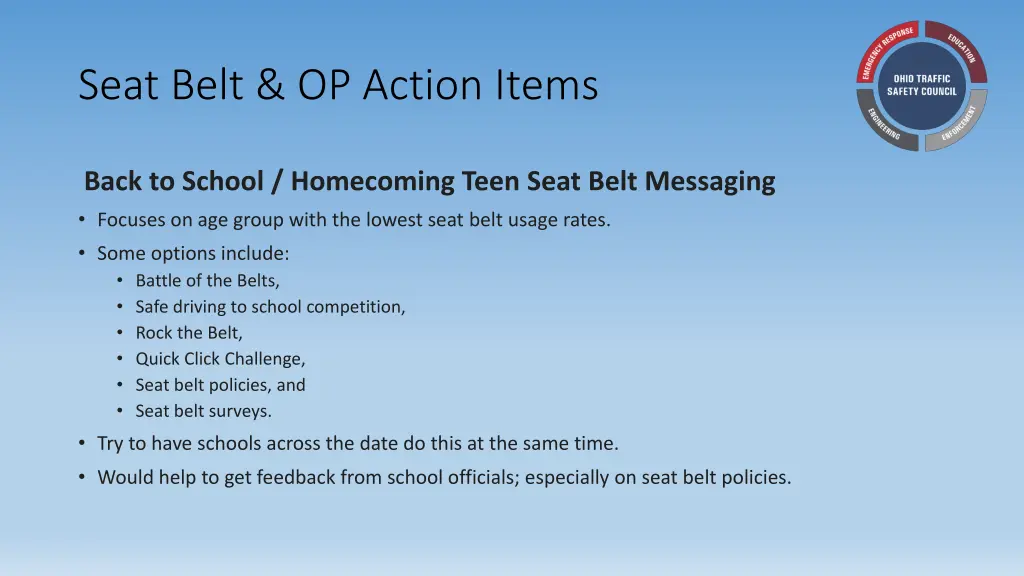 seat belt op action items