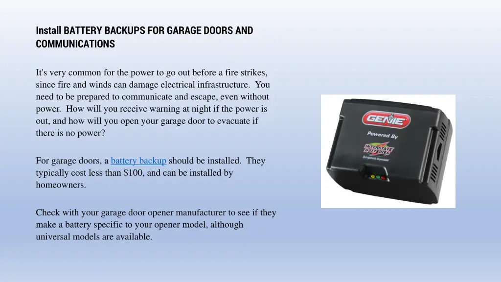 install battery backups for garage doors