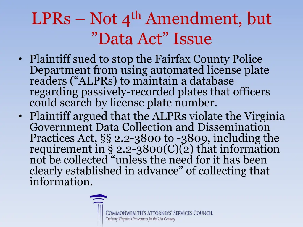 lprs not 4 th amendment but data act issue