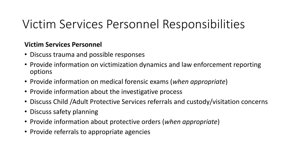 victim services personnel responsibilities