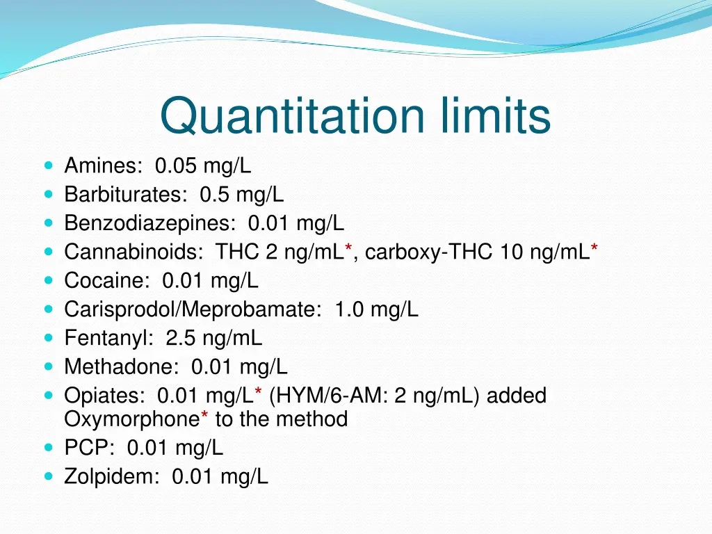 quantitation limits amines 0 05 mg l barbiturates