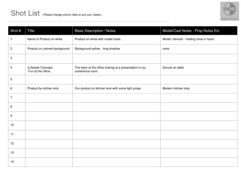 shot list please change column titles to suit