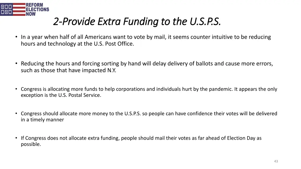 2 2 provide extra funding to the u s p s provide