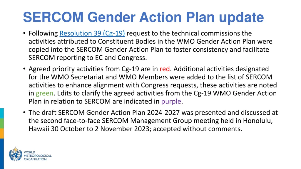 sercom gender action plan update following