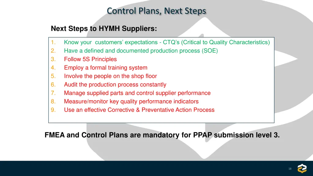 control plans next steps