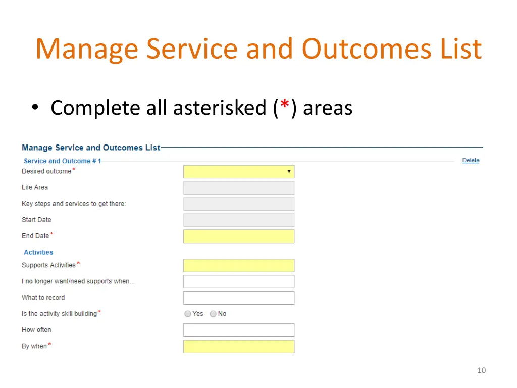 manage service and outcomes list