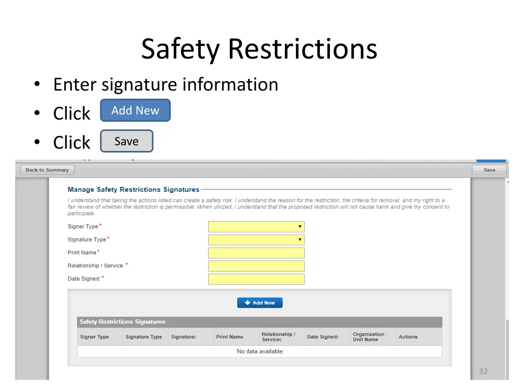 safety restrictions enter signature information