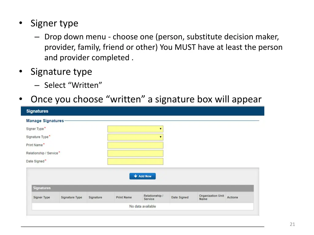 signer type drop down menu choose one person