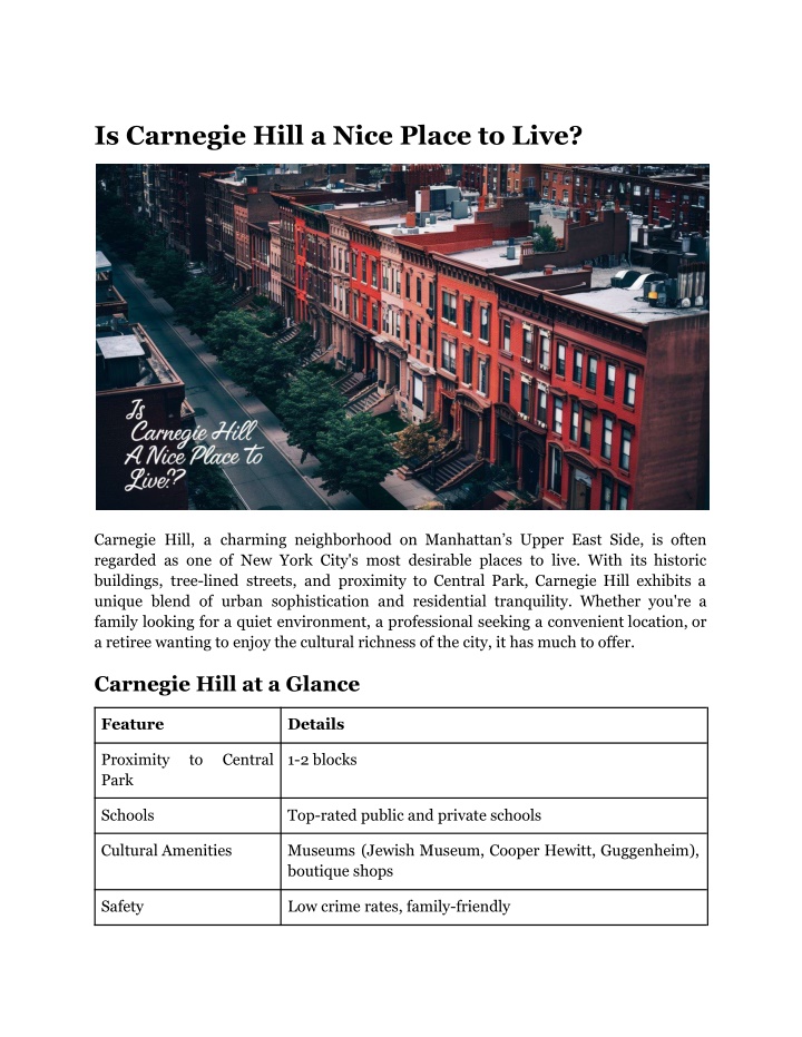 is carnegie hill a nice place to live