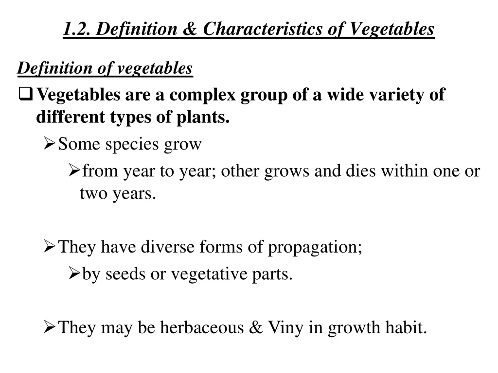 1 2 definition characteristics of vegetables