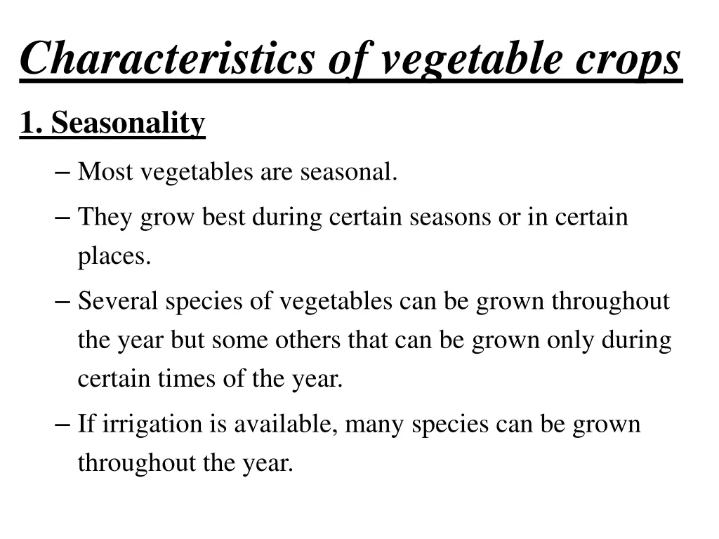 characteristics of vegetable crops