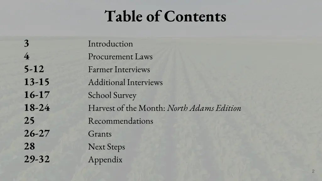 table of contents