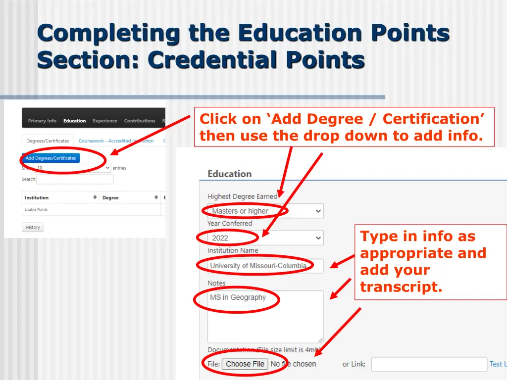 completing the education points section