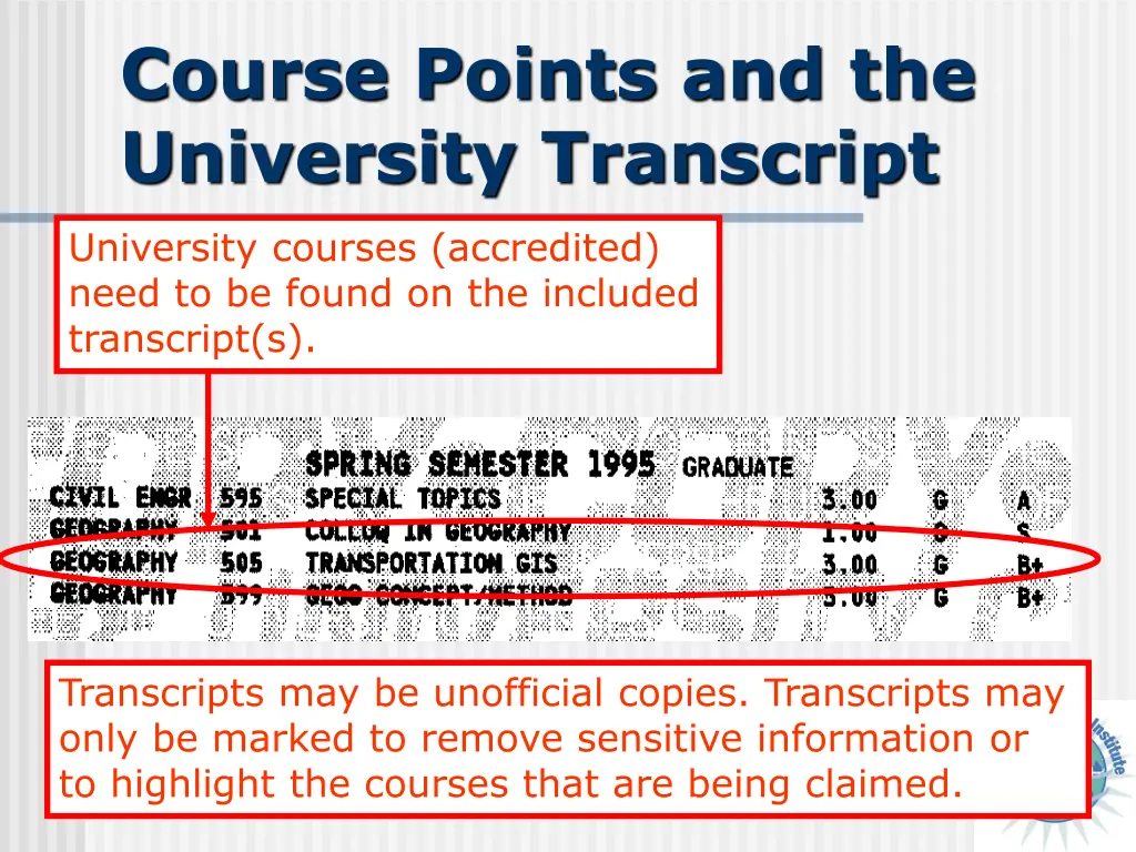 course points and the university transcript