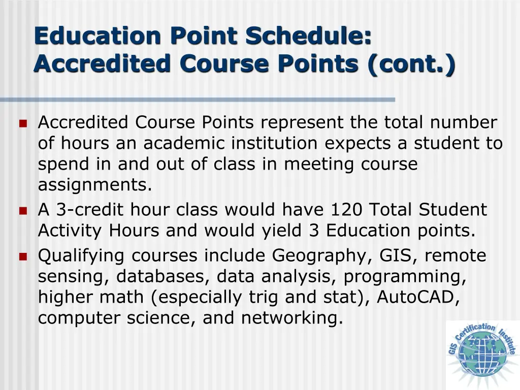 education point schedule accredited course points 1