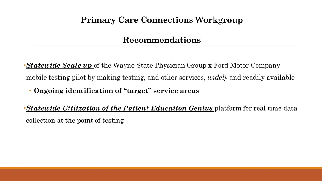 primary care connections workgroup 1