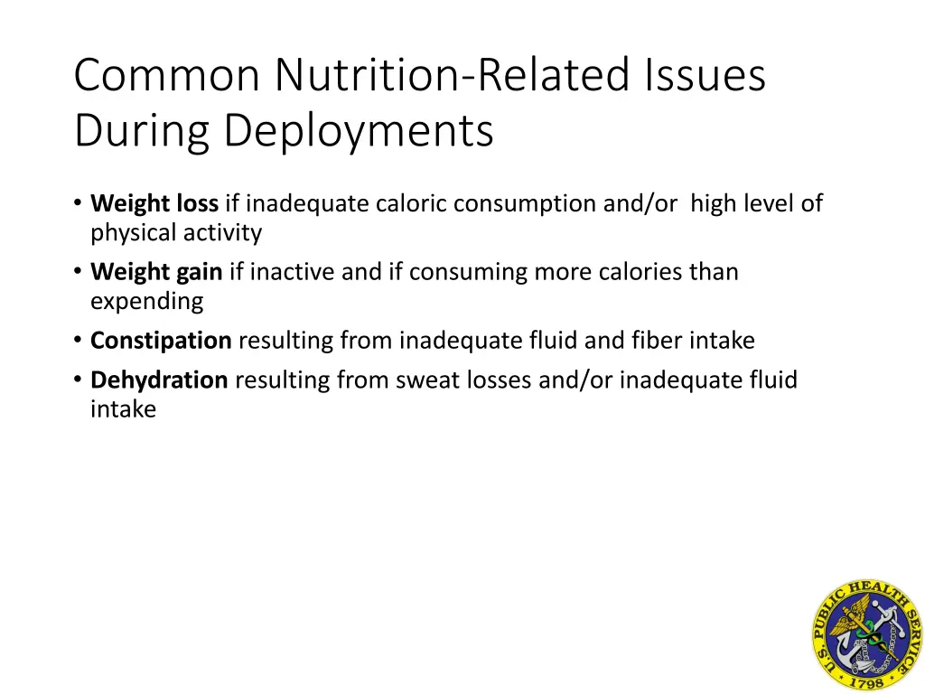 common nutrition related issues during deployments