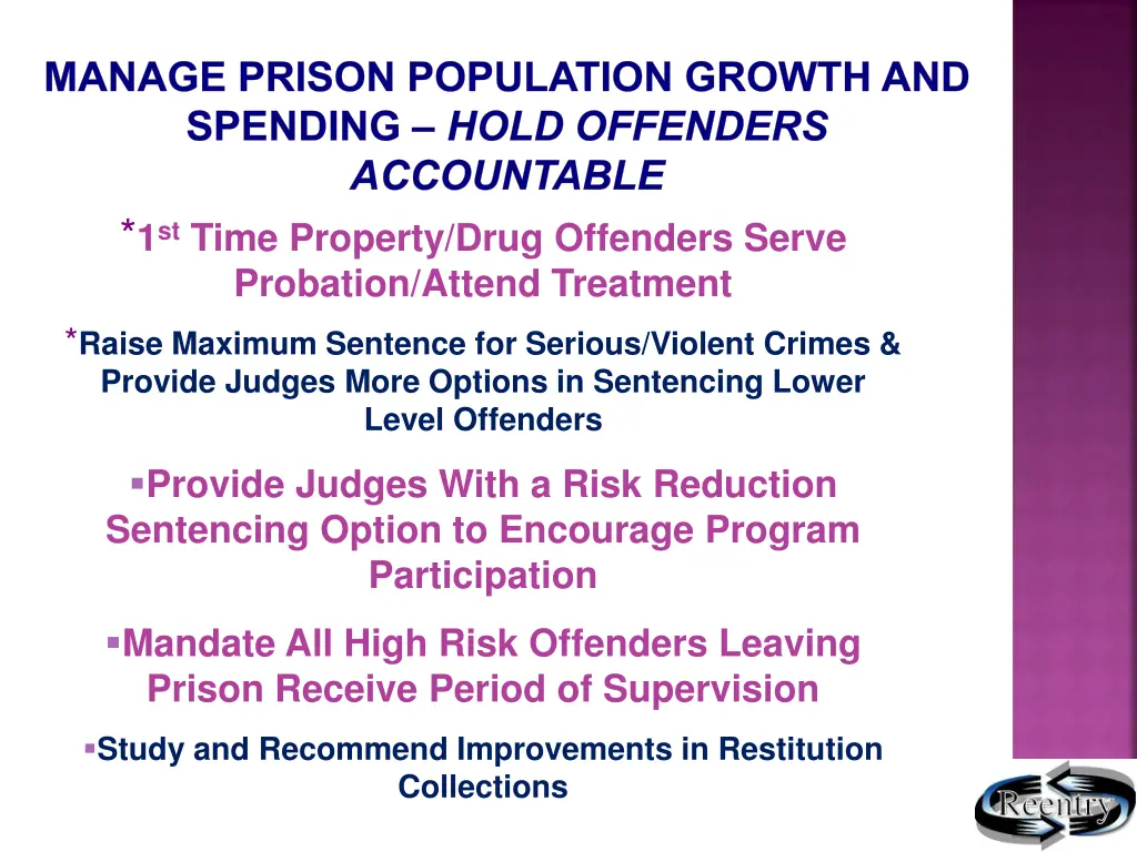 manage prison population growth and spending hold