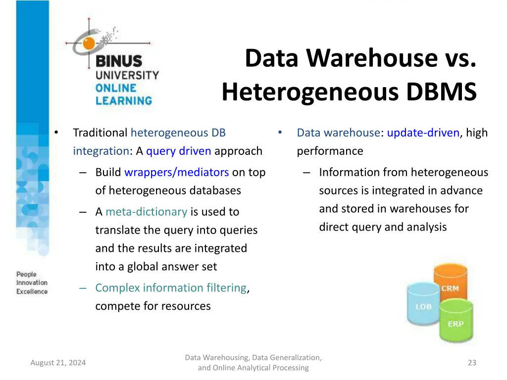 data warehouse vs heterogeneous dbms