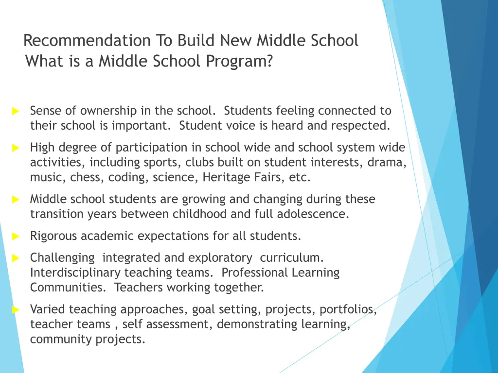 recommendation to build new middle school what