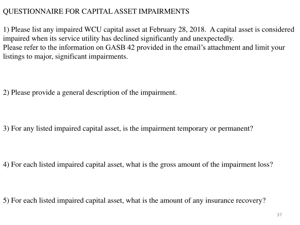 questionnaire for capital asset impairments