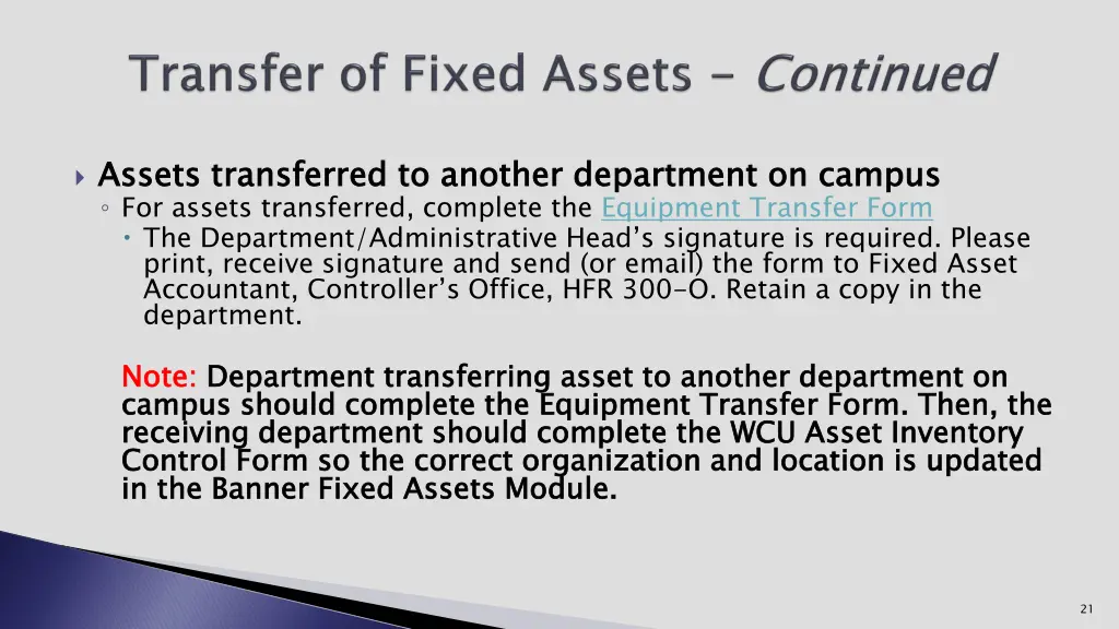 assets transferred to another department