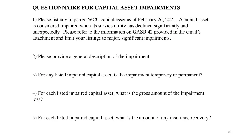 questionnaire for capital asset impairments