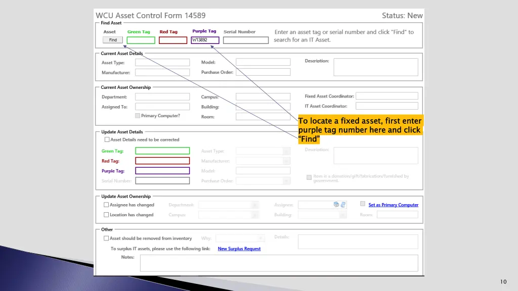 to locate a fixed asset first enter purple