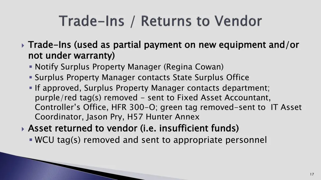 trade not under warranty notify surplus property