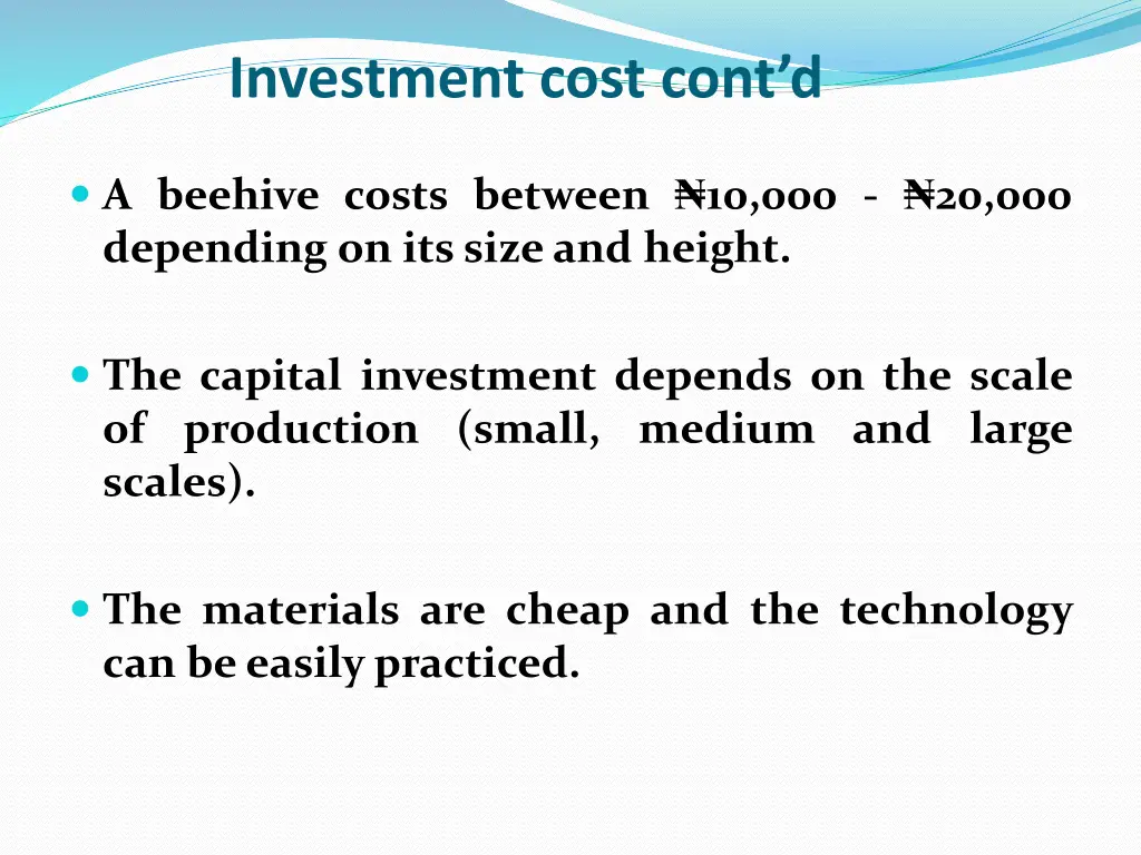 investment cost cont d