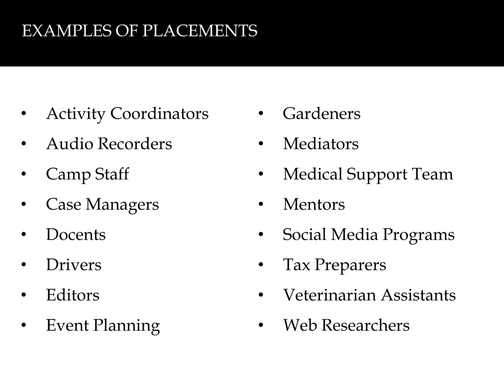 examples of placements