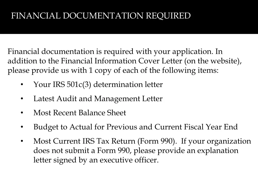 financial documentation required