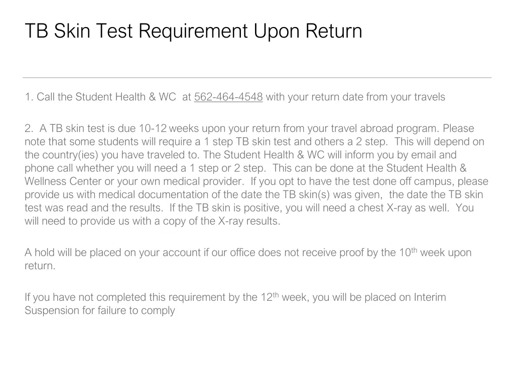 tb skin test requirement upon return