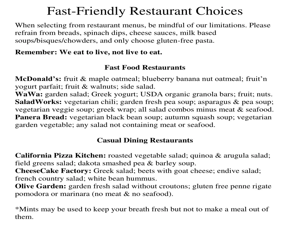 fast friendly restaurant choices when selecting