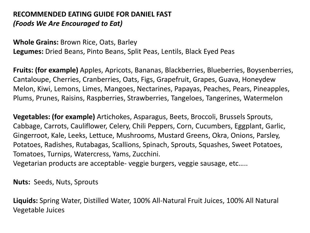 recommended eating guide for daniel fast foods