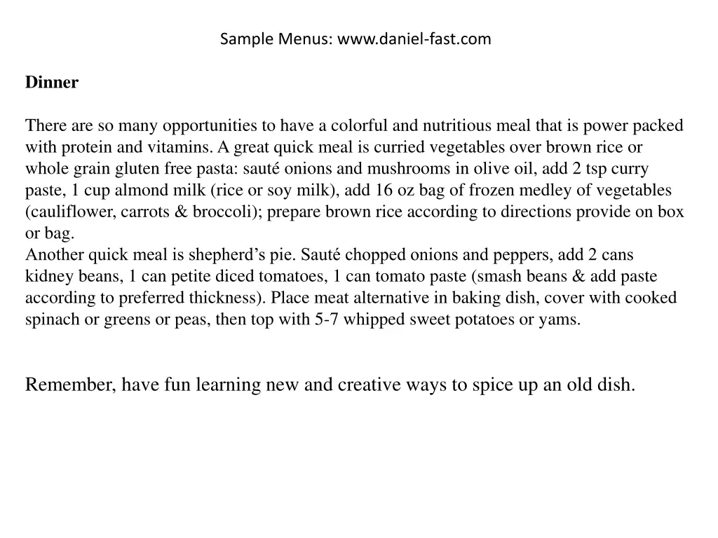 sample menus www daniel fast com 1