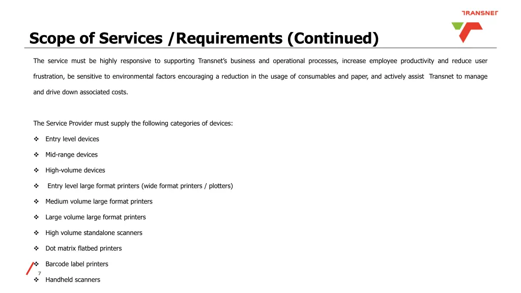 scope of services requirements continued