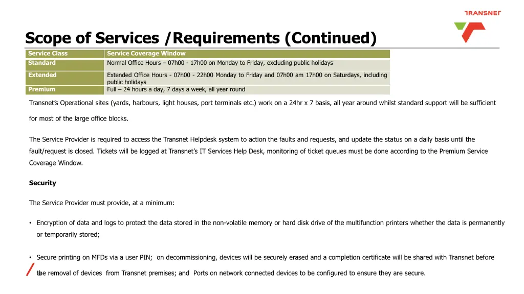 scope of services requirements continued service