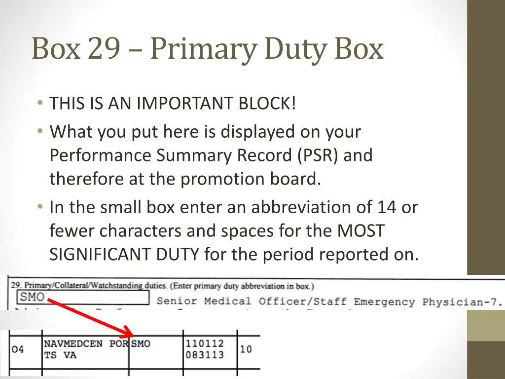 box 29 primary duty box