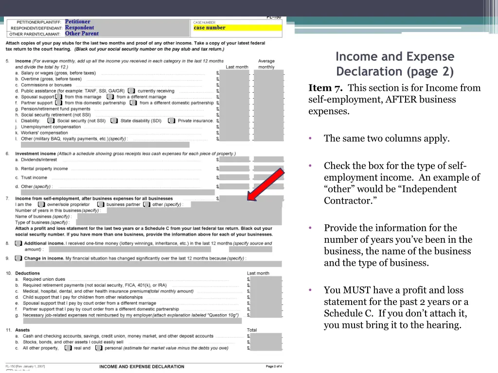 income and expense declaration page 2 item 7 this