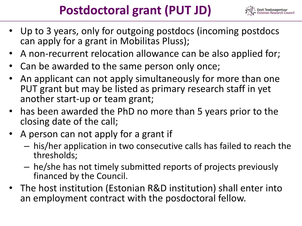 postdoctoral grant put jd