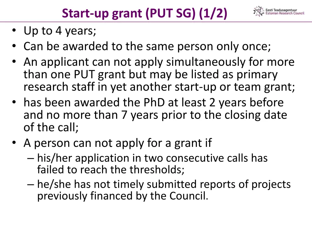 start up grant put sg 1 2 up to 4 years