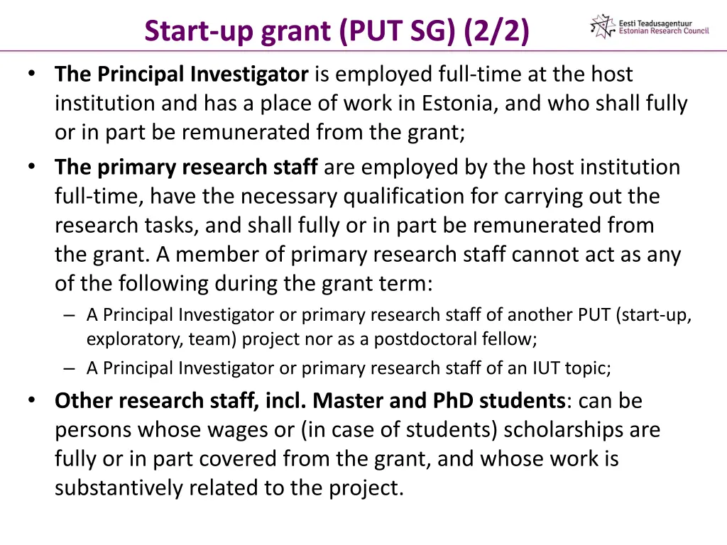 start up grant put sg 2 2 the principal