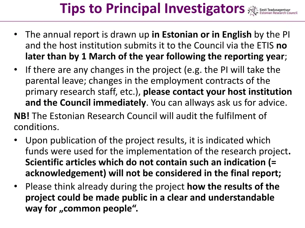 tips to principal investigators